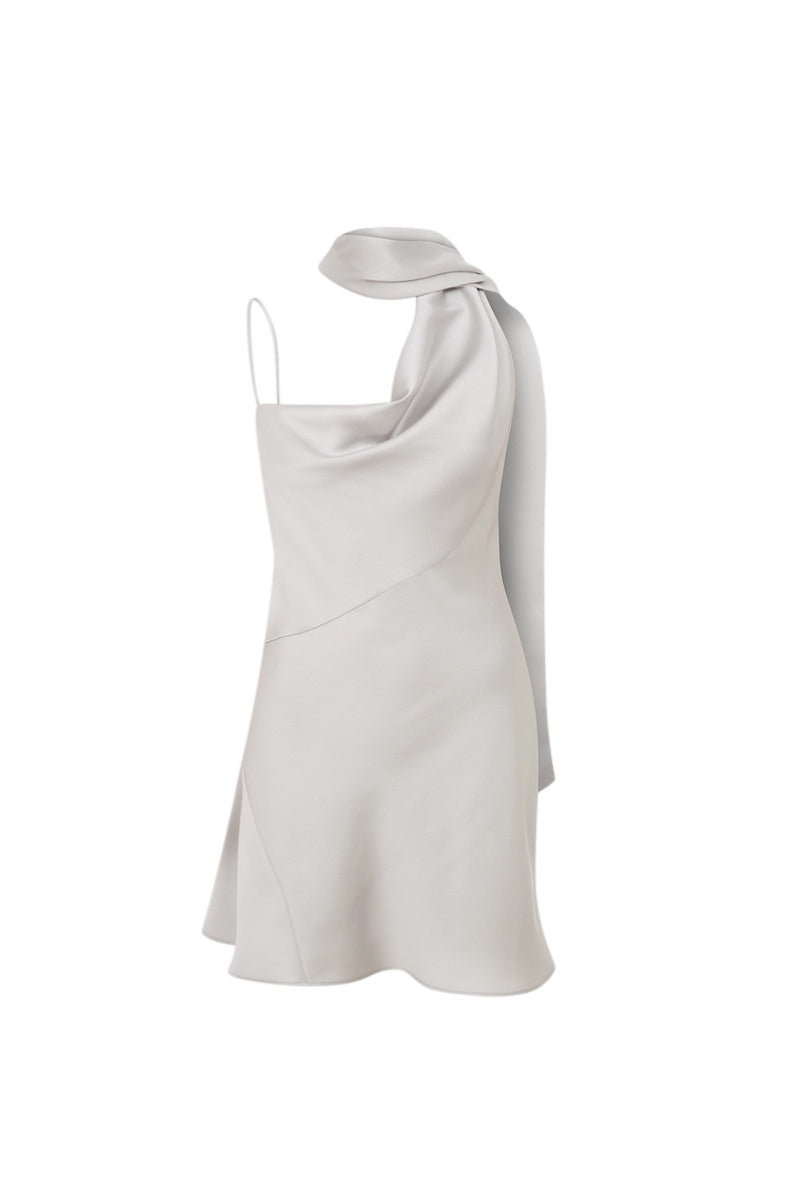 Silver Linda dress in mini length by ILA, front view showing stylish design and elegant fit.