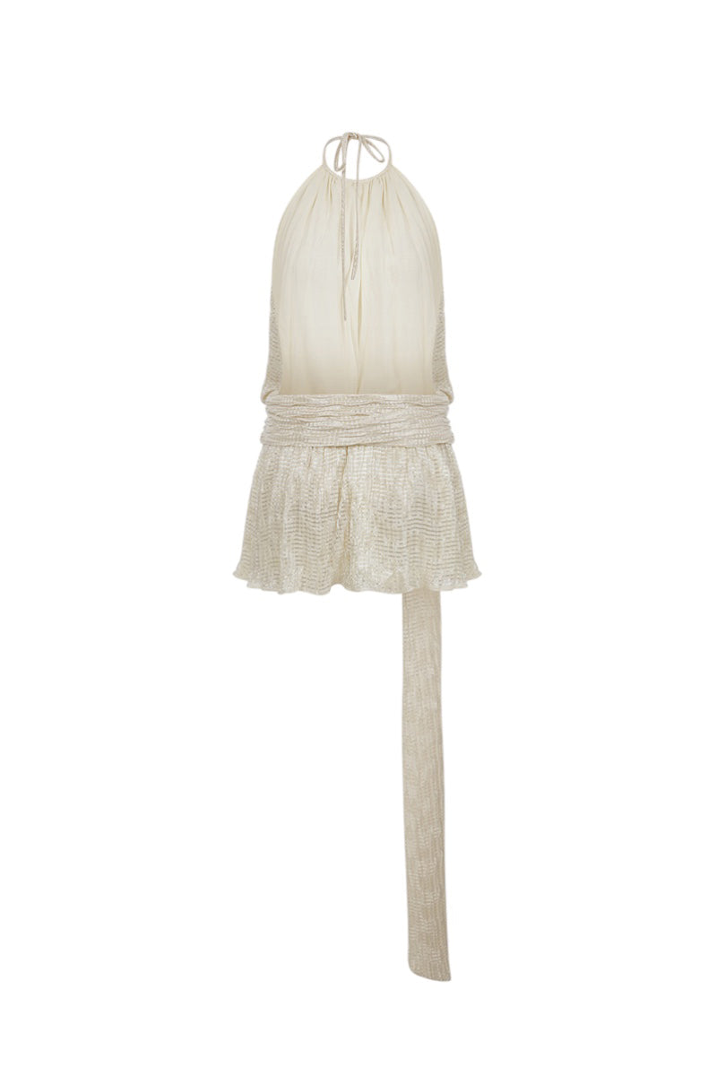 Back view of ILA Joyce mini dress in champagne, featuring elegant design and stylish fit.