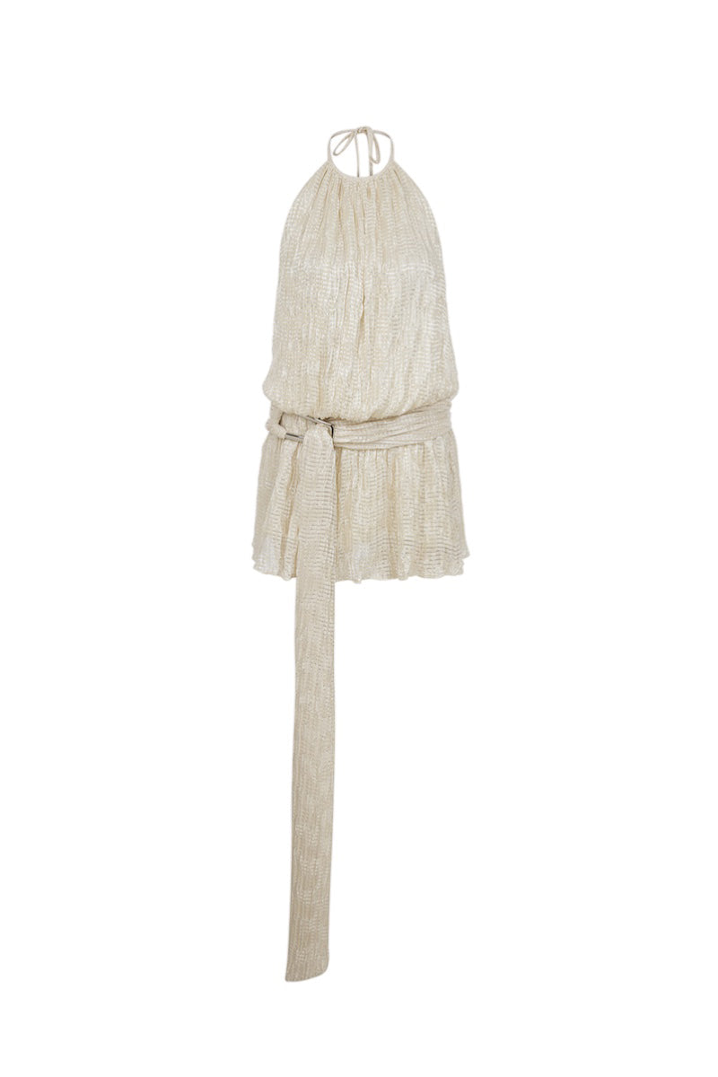 Front view of ILA Joyce mini dress in elegant champagne color, showcasing its stylish design and fit.
