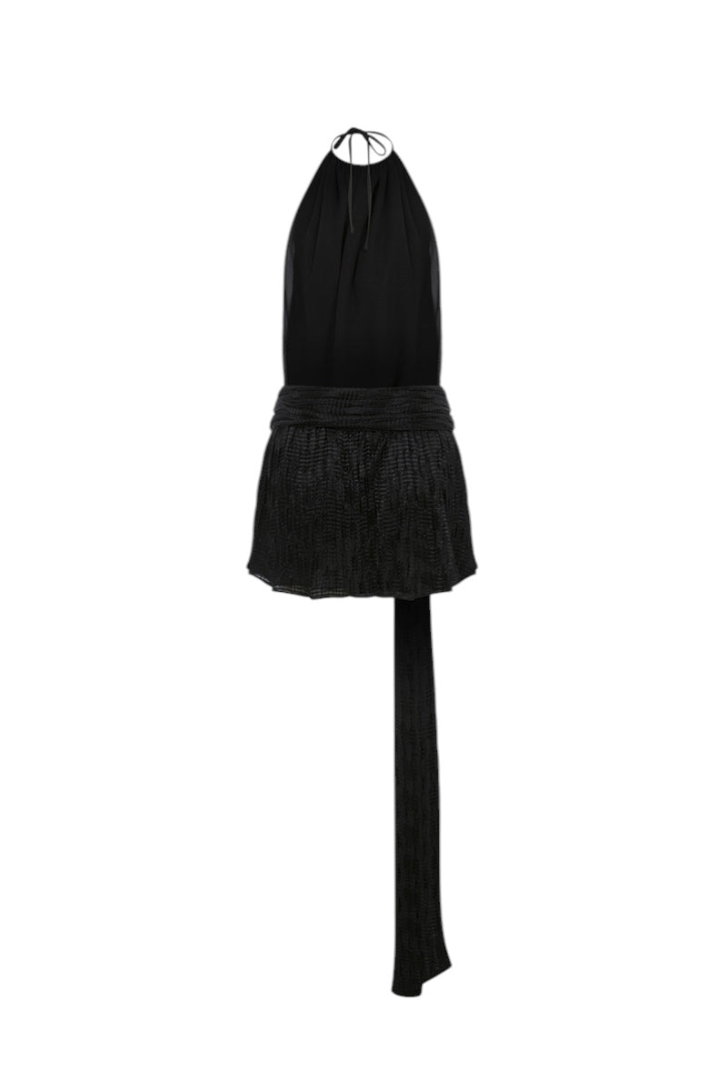 Back view of ILA Joyce black mini dress, stylish sleeveless dress with a fitted silhouette and subtle detailing.