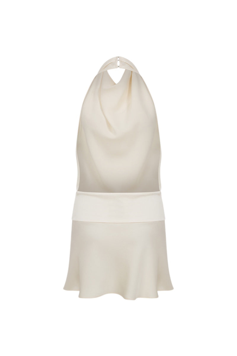 Back view of ILA Elsa champagne mini dress, stylish sleeveless design with elegant fit, perfect for special occasions.