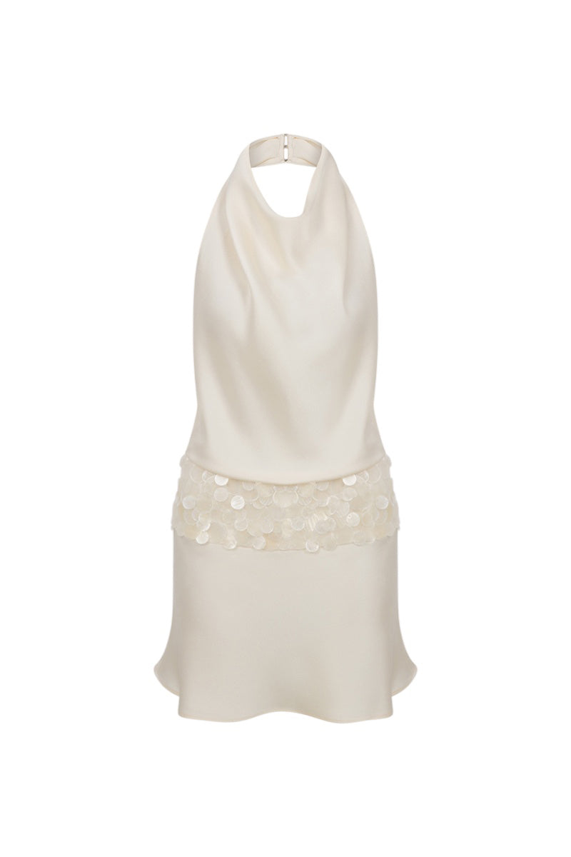 Front view of ILA Elsa champagne mini dress featuring a stylish, elegant design perfect for special occasions.