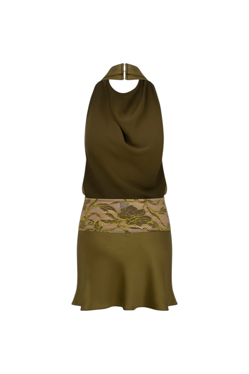 Back view of ILA Alessia Khaki Mini Dress, stylish sleeveless dress with a fitted silhouette and subtle detailing.