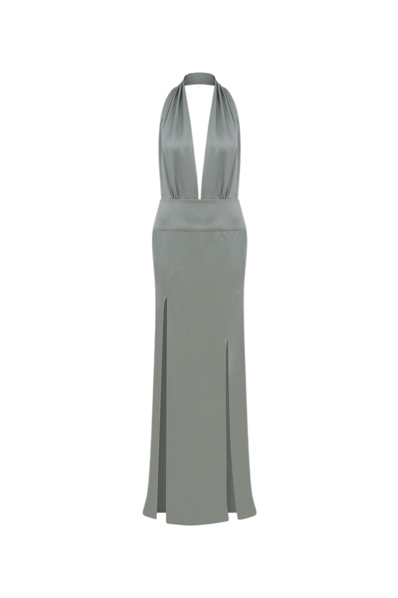 Ila Tyra maxi dress in sage blush with flowing fabric and elegant design, front view showcasing its stylish silhouette.