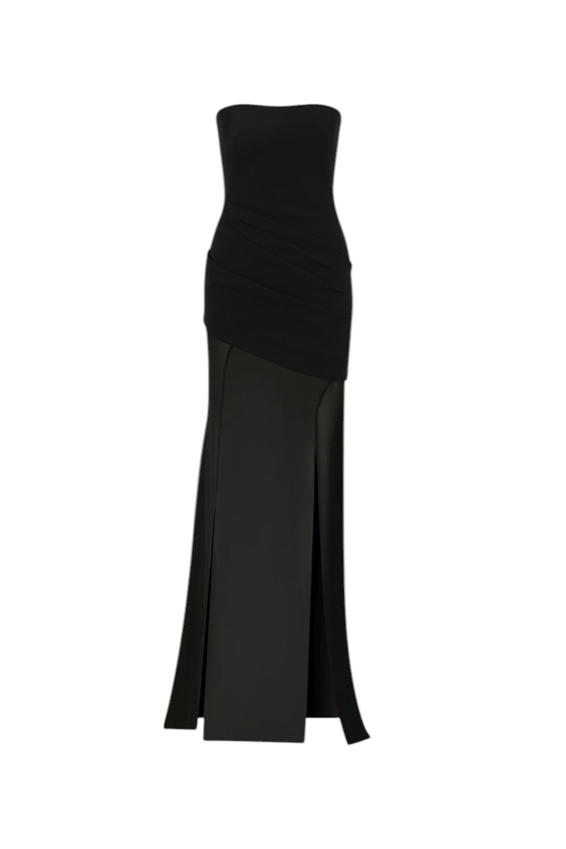 Black Ashley maxi dress by ILA, front view showing elegant design and flowing fabric in a stylish maxi dress.