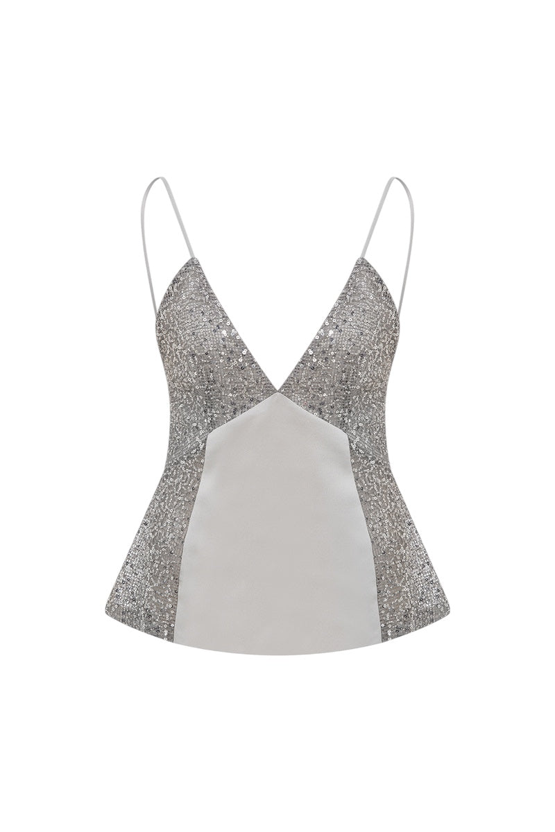 Silver sequin Lena top by ILA, front view showing shiny, embellished design perfect for stylish evening wear.