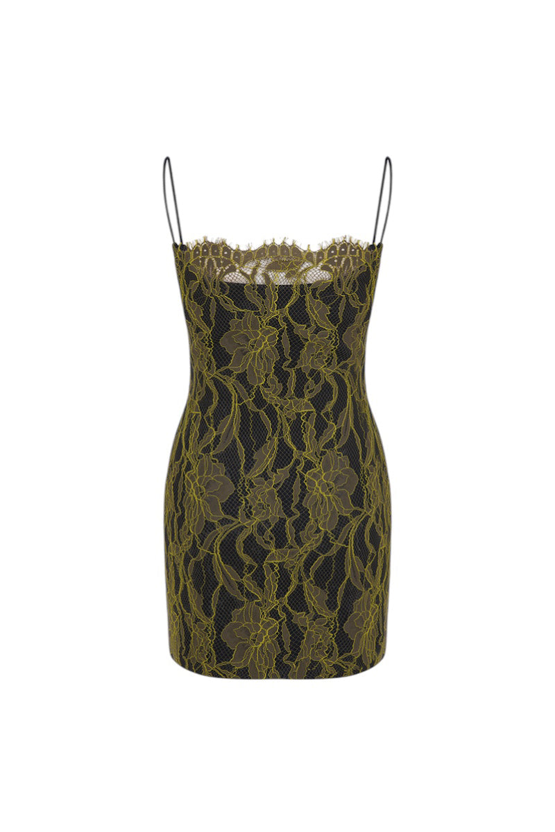 Back view of ILA Jessica Khaki Mini Dress, stylish short dress with a fitted silhouette and subtle design details.