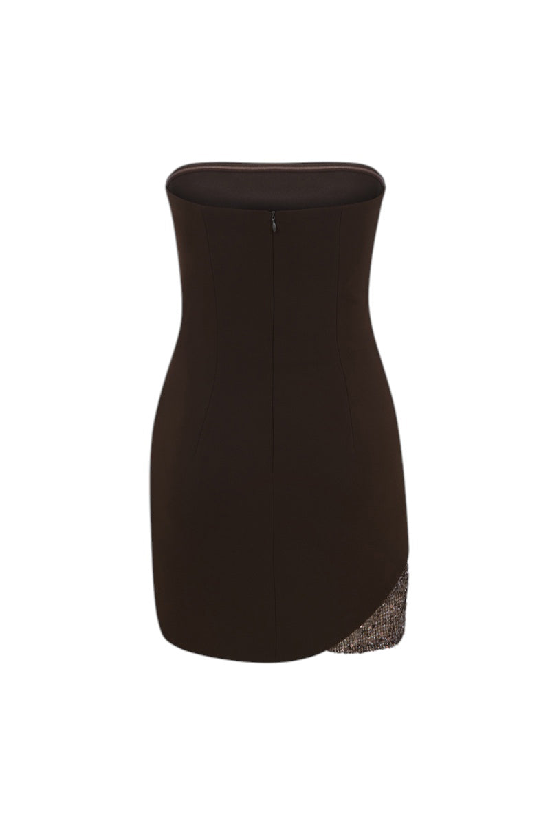 Back view of ILA Alissa brown mini dress, stylish sleeveless dress with a fitted waist and flowy skirt.