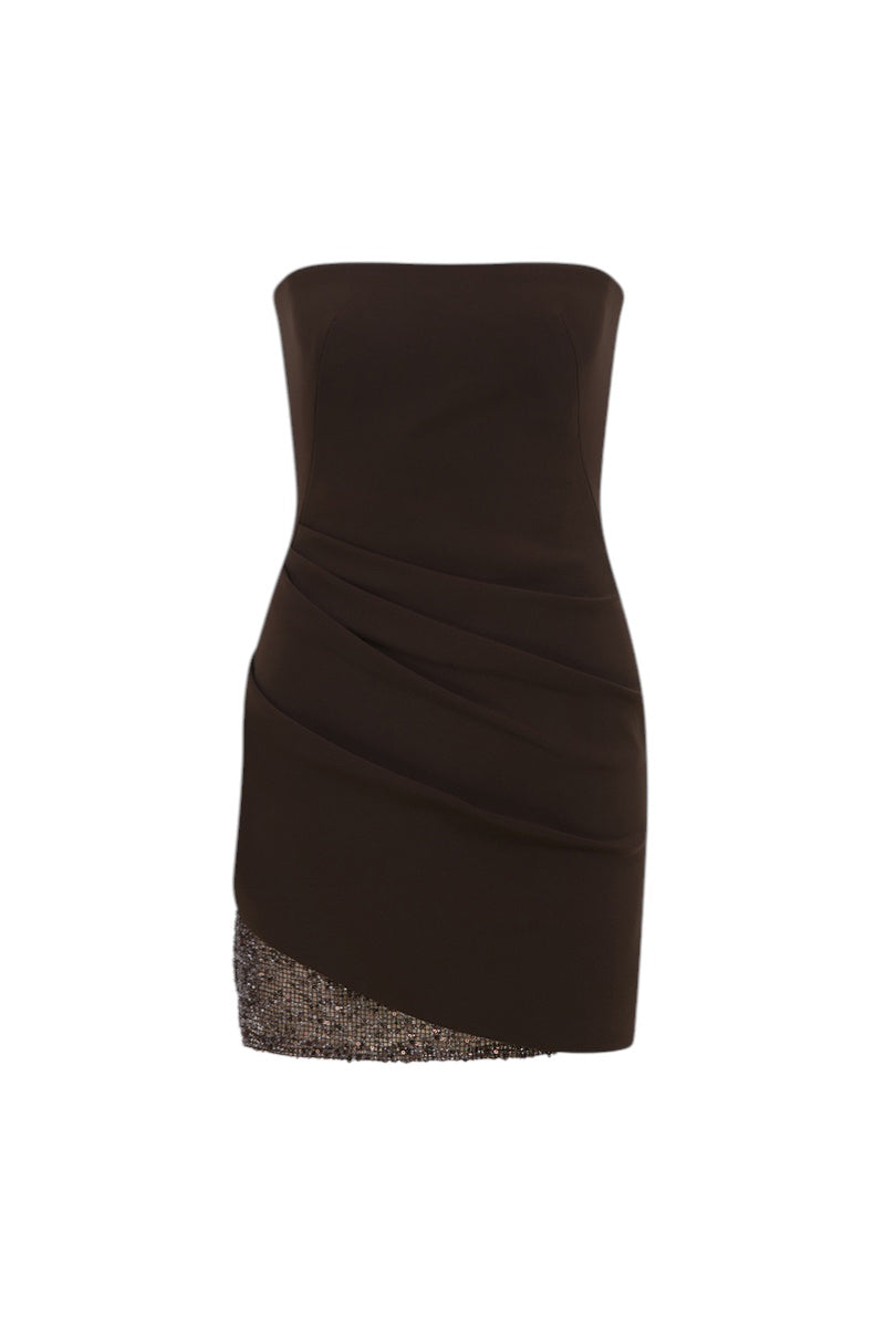 Brown Alissa mini dress by ILA, front view showing fitted silhouette and simple neckline on a stylish model.