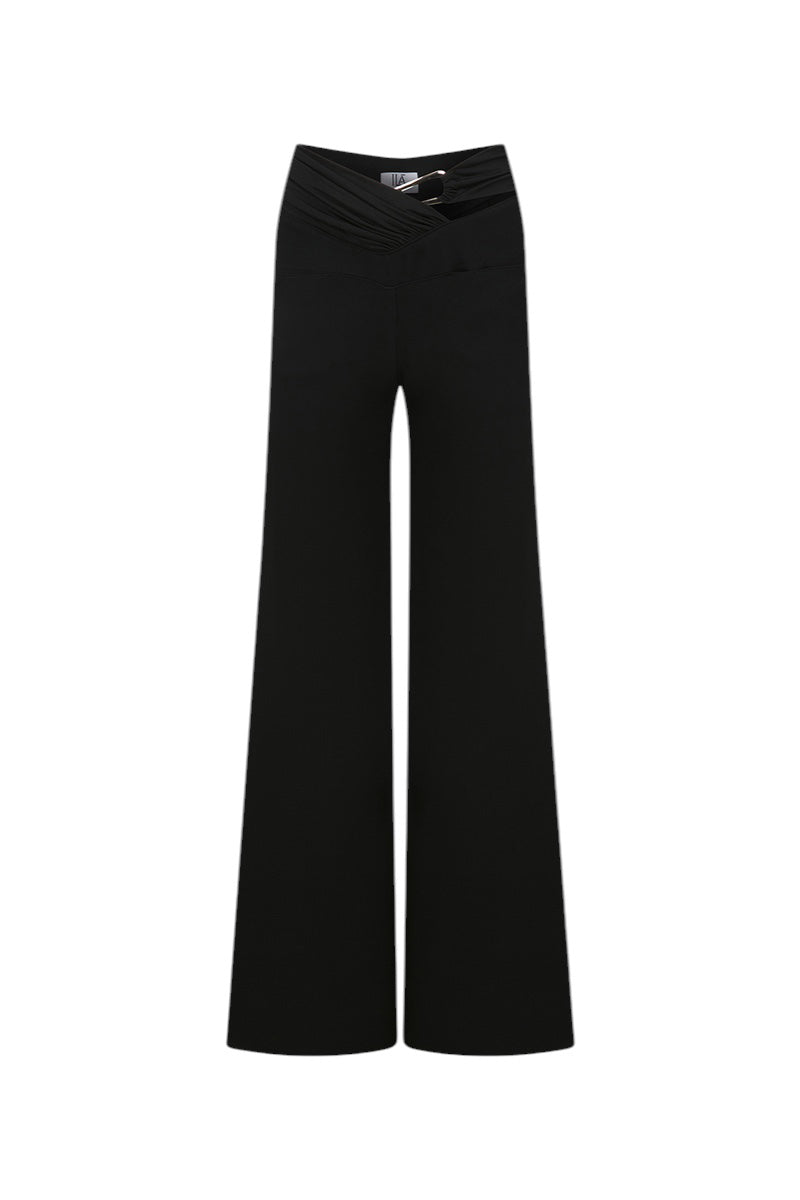 Black ILA ROXY pants with a relaxed fit, front view showing waistband and straight-leg design.
