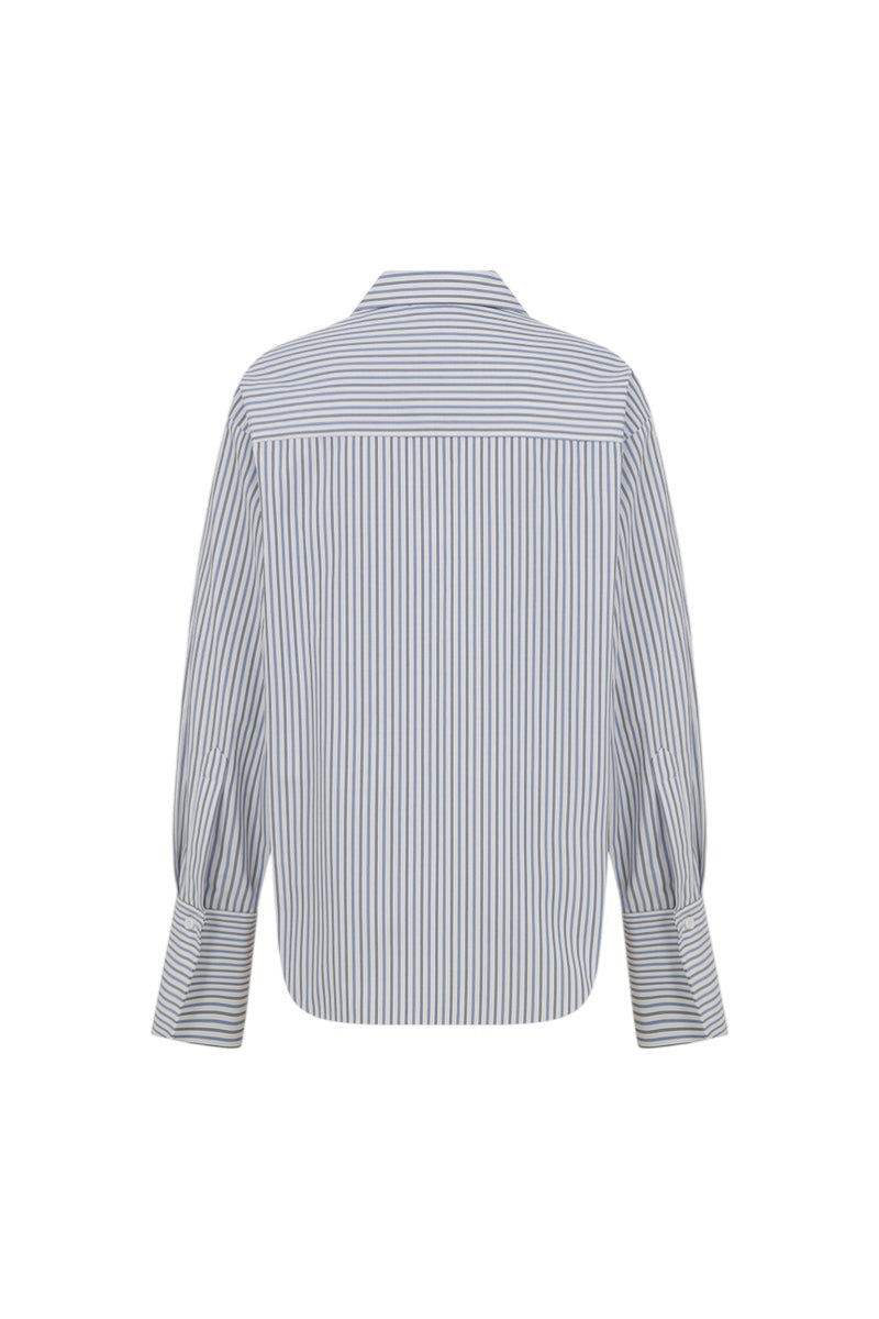 Back view of ILA Nina shirt in blue stripe, stylish button-up shirt with classic pattern and tailored fit.