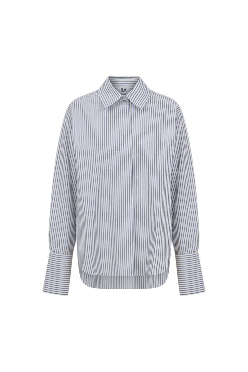 Blue stripe Nina shirt by ILA, front view showing classic collar and button-down design.