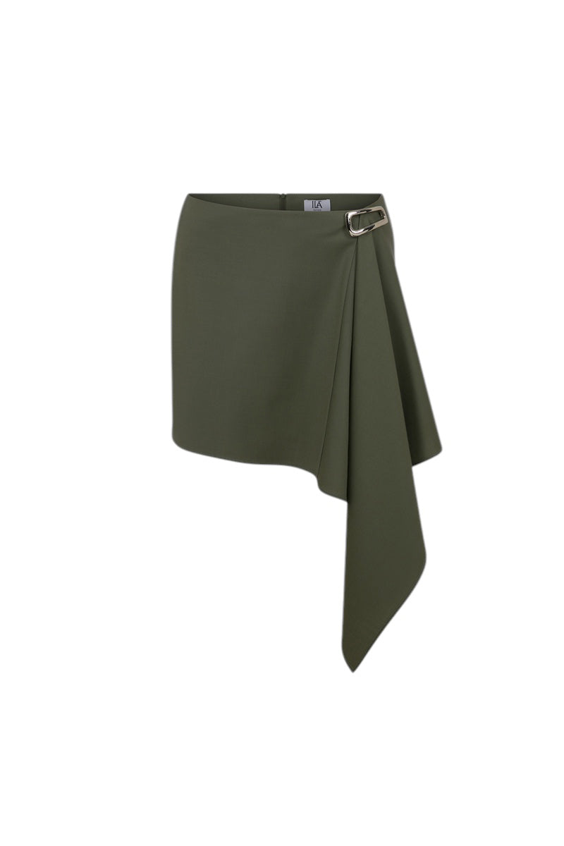 Front view of ILA Lendy khaki mini skirt featuring a sleek, fitted design and stylish waistband.