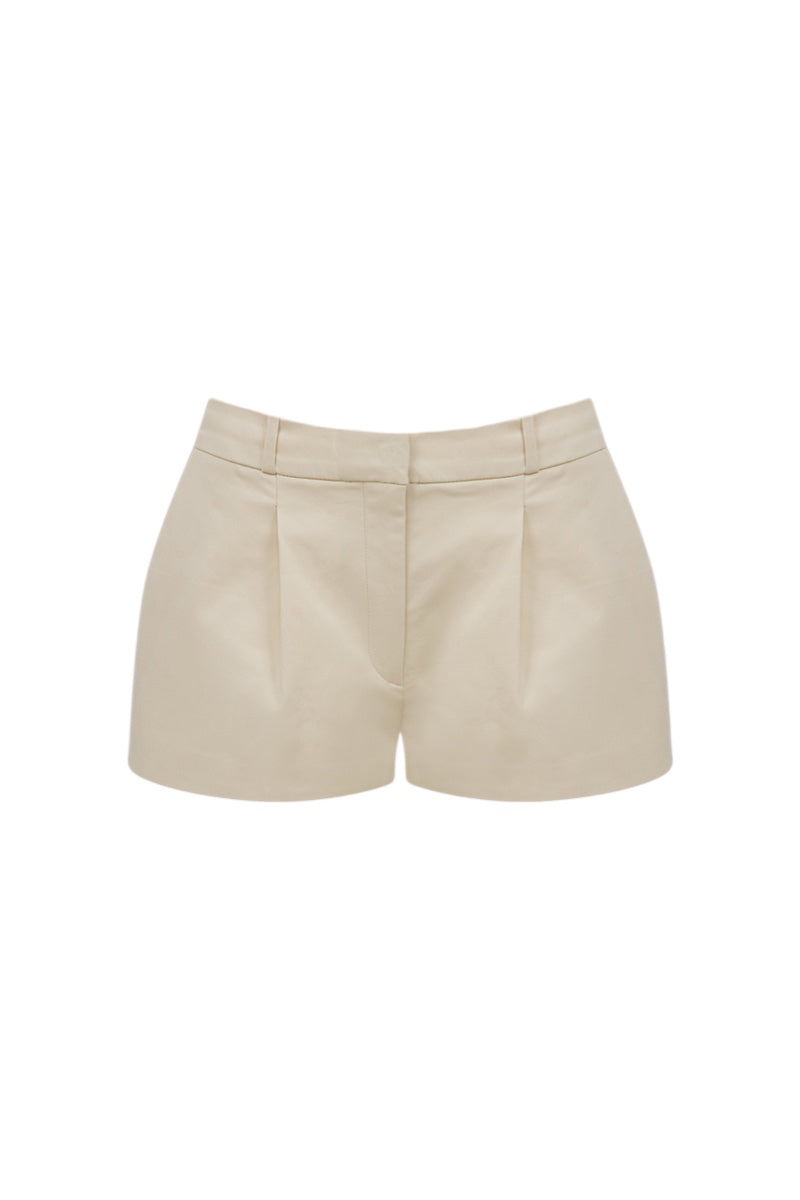 Ila Lou shorts in seashell ecru fabric, featuring a relaxed fit and casual style, shown from the front.