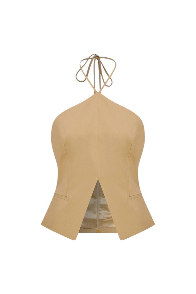 Beige ILA LEONI top with a fitted design, front view showing soft fabric and stylish neckline.