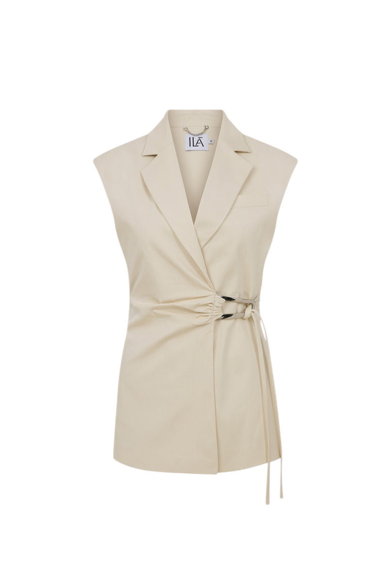 Ecru seashell-patterned Alina vest by ILA, front view showcasing lightweight knit design and textured fabric.