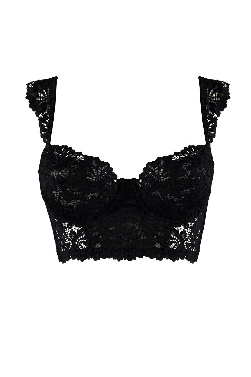 Black vintage wired bustier bra by Ellipse Lingerie with structured cups and lace detailing, designed for a supportive fit.