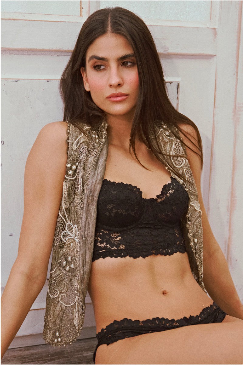 Black Ellipse Lingerie vintage wired bustier bra with lace detailing and structured cups, displayed on a mannequin.