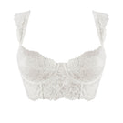 White vintage wired bustier bra by Ellipse Lingerie with lace detailing and structured cups, designed for support and elegance.