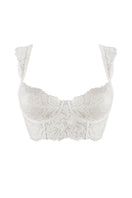White vintage wired bustier bra by Ellipse Lingerie with lace detailing and structured cups, designed for support and elegance.