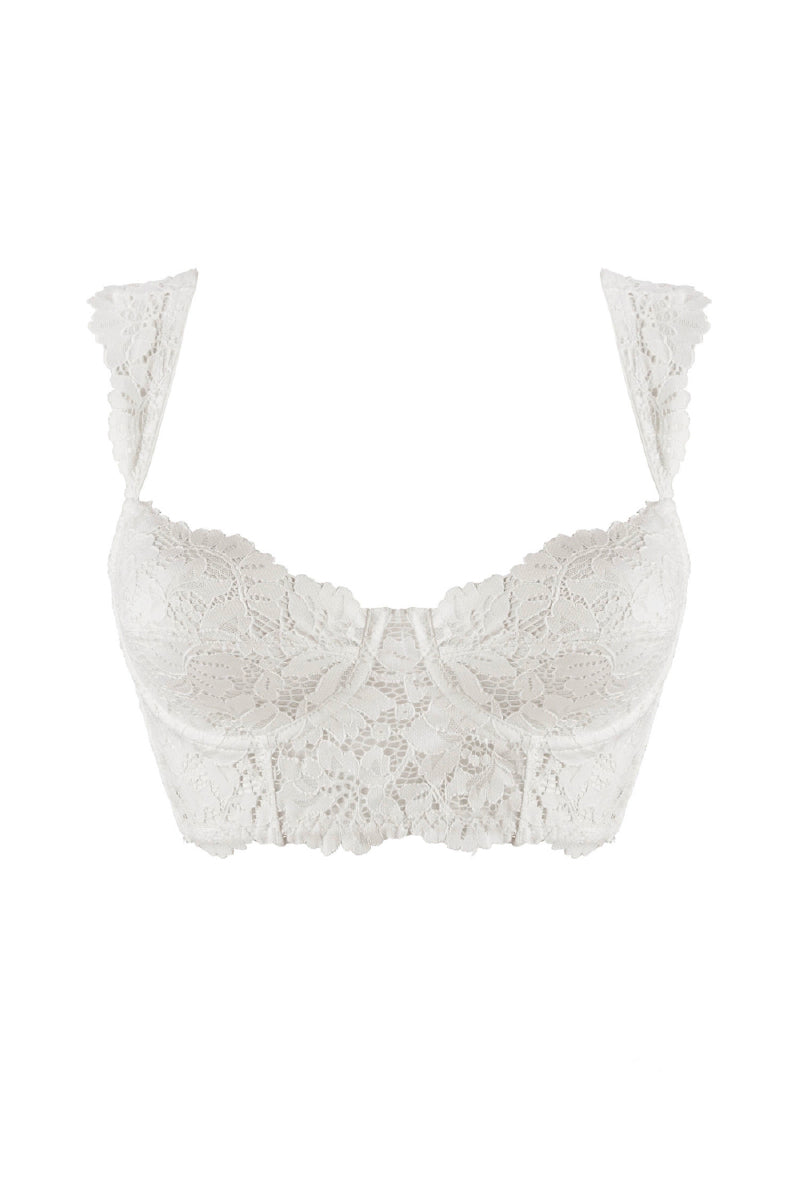 White vintage wired bustier bra by Ellipse Lingerie with lace detailing and structured cups, designed for support and elegance.