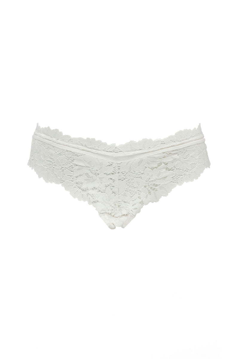 White Ellipse Lingerie vintage cheeky panty, soft fabric, and comfortable fit, shown on a model.