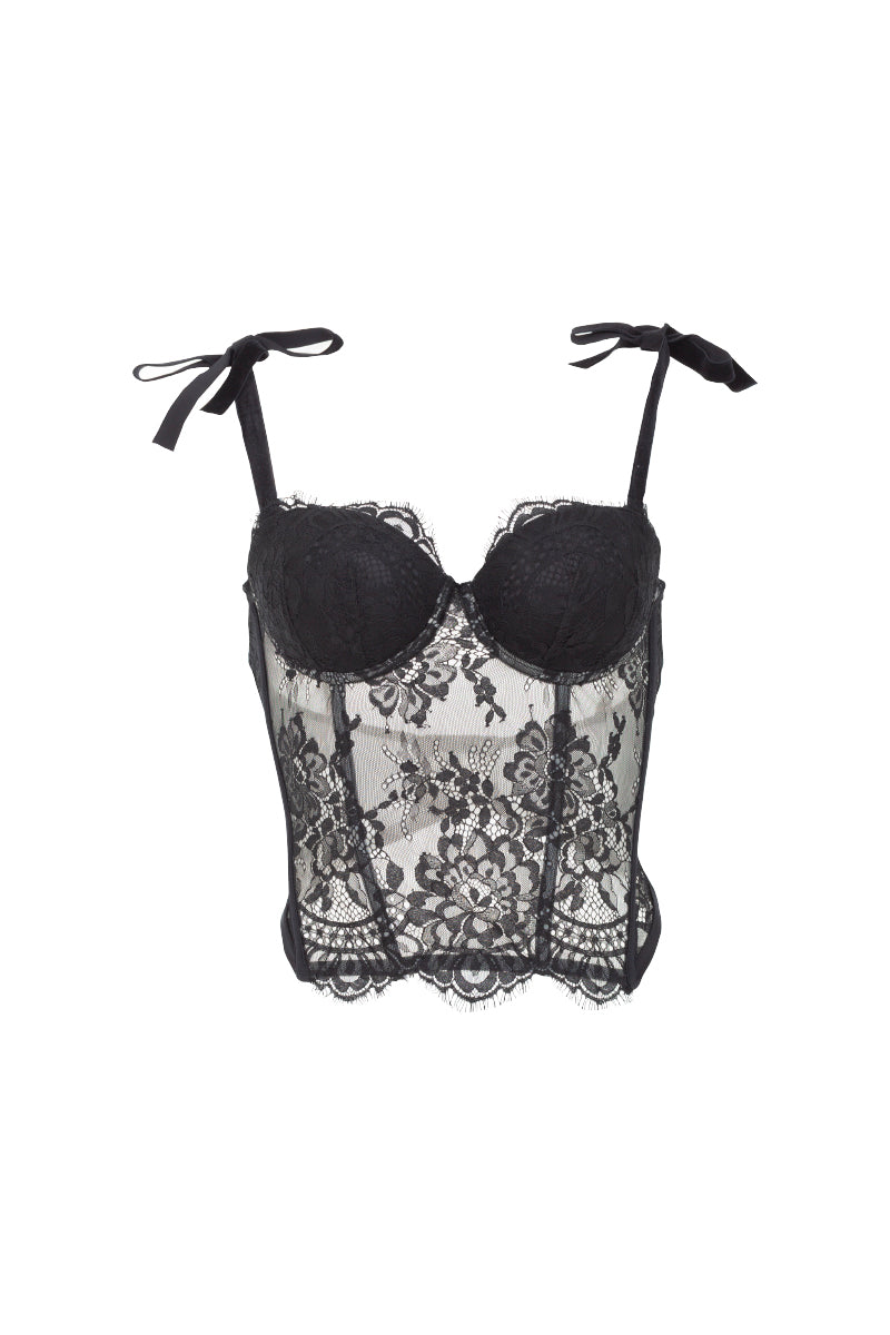 Black Ellipse Lingerie sexy corset top with lace details, designed to enhance and shape the waist and bust.