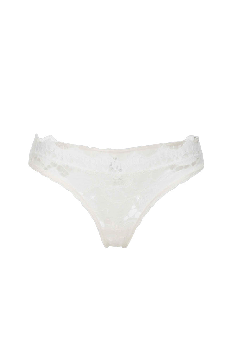 White cotton lace thong from Ellipse Lingerie, showcasing delicate lace detail and comfortable fit for women's underwear.