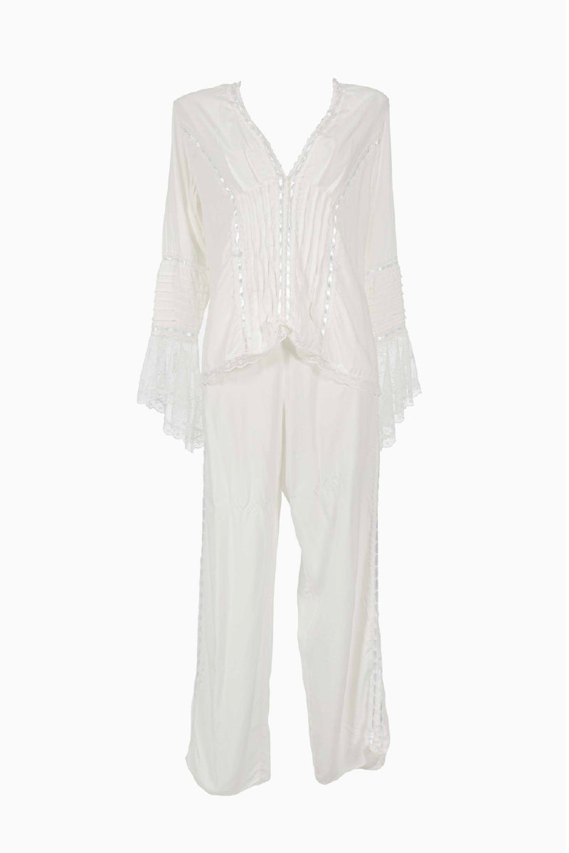 White Ellipse Lingerie pajama pant set with relaxed fit, featuring soft fabric and comfortable elastic waistband.