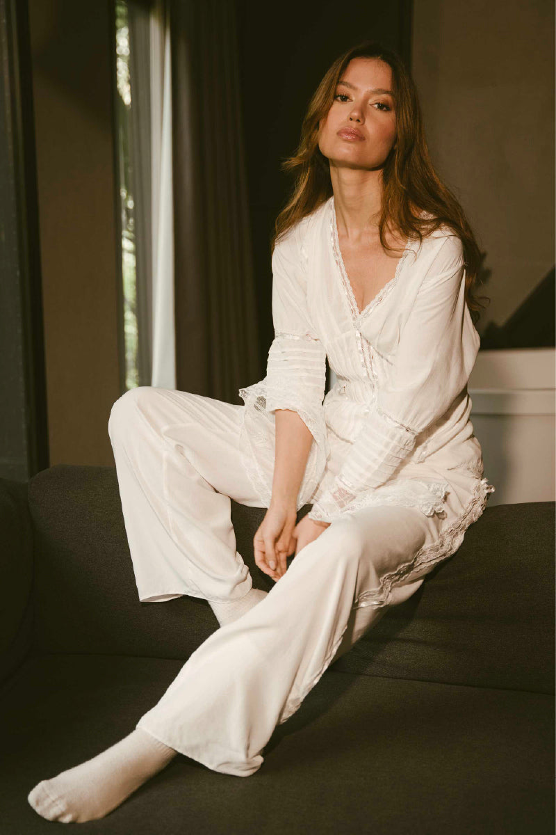 White Ellipse Lingerie Origin pajama pant set featuring soft, comfortable fabric and relaxed fit for cozy sleepwear.