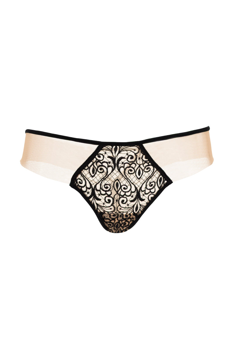 Black Ellipse Whispers thong underwear from Ellipse Lingerie, showcasing smooth fabric and delicate design on a neutral background.
