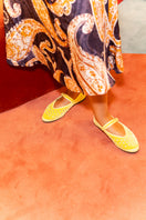 Flabelus Mae Cristal yellow flats with matching yellow piping, stylish and comfortable footwear for casual or dressy occasions.