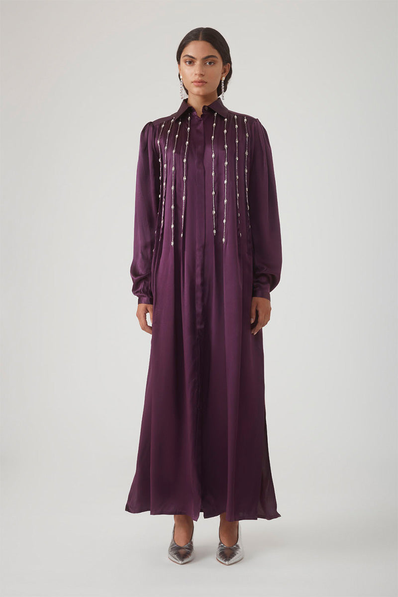 aubergine silk dress Drape neck detail gown