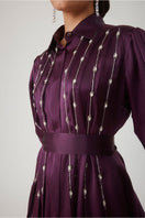 Elegant aubergine Indira embellished maxi dress by Mastani, featuring intricate embroidery and flowing fabric.