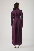 Elegant aubergine Indira embellished maxi dress by MASTANI, featuring intricate embroidery and flowing fabric.
