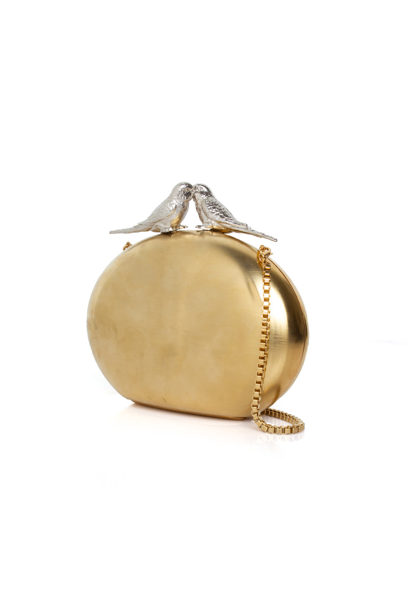 Gold Sarah's Bag inseparable birds clutch purse with detailed bird design and elegant craftsmanship.