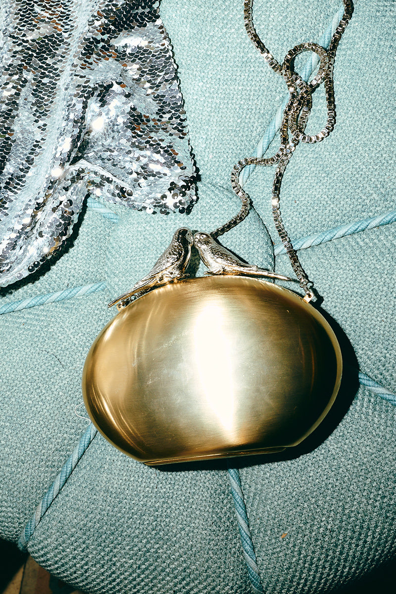 Gold Sarah's Bag inseparable birds clutch with intricate bird design and elegant gold accents, perfect for stylish accessories.