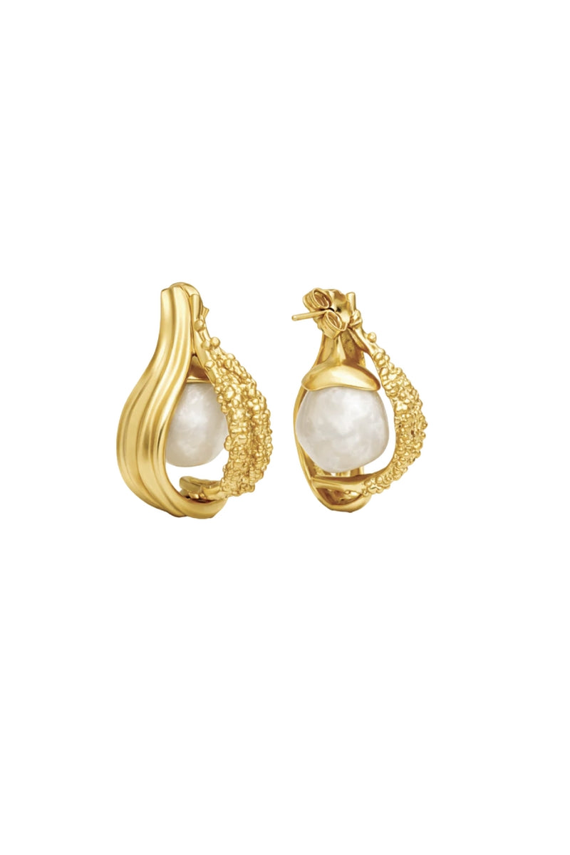 Gold and white interchangeable loop hoop earrings by Jude Benhalim with smooth circular design