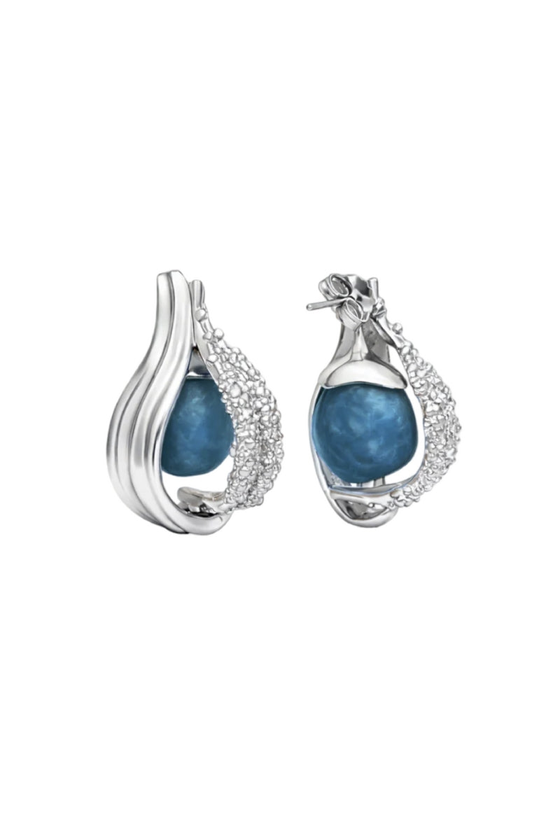 Jude Benhalim interchangeable loop hoops earrings with rhodium finish and blue accents, stylish jewelry for versatile accessorizing.