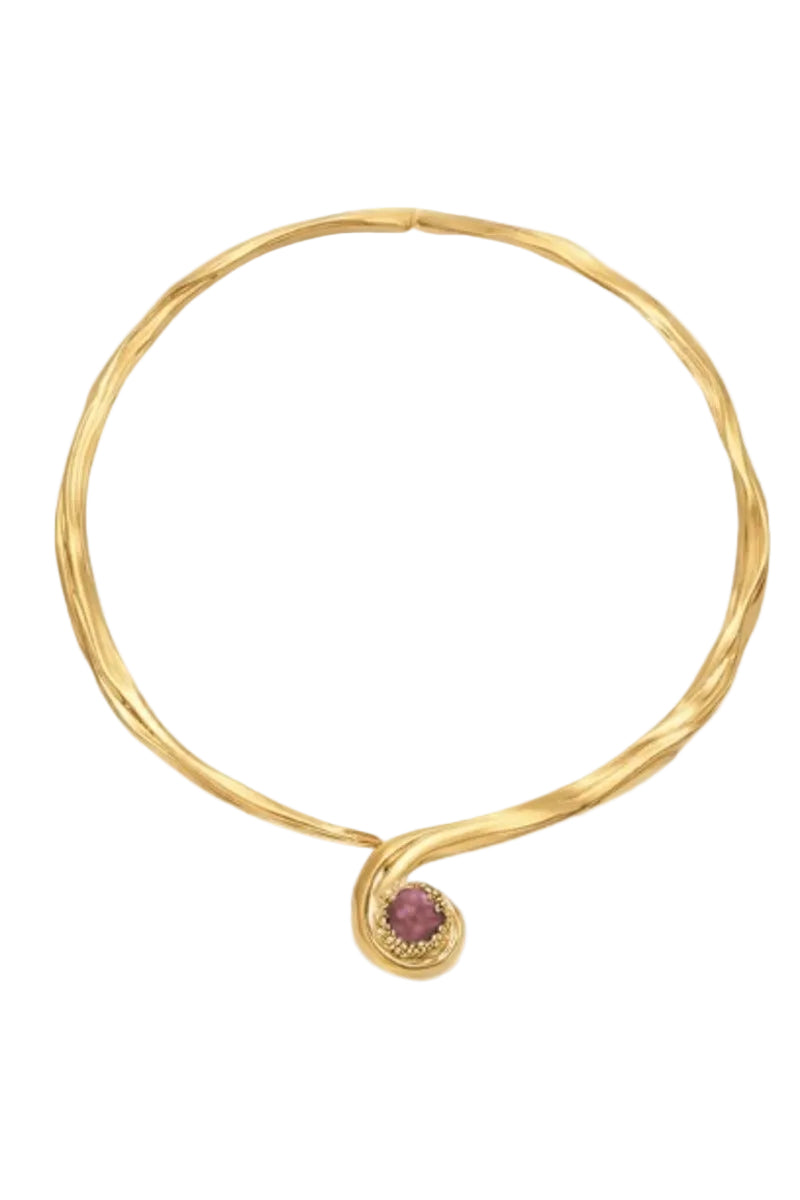 Gold and pearl interchangeable spiral necklace by Jude Benhalim with red spiral pendant on a white background.