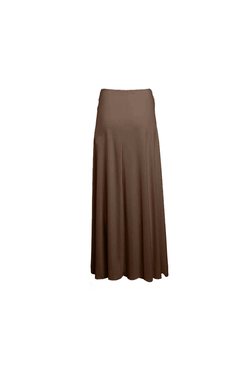 YASSMIN SALEH brown intersect midi skirt with a layered design, shown from the back on a model.