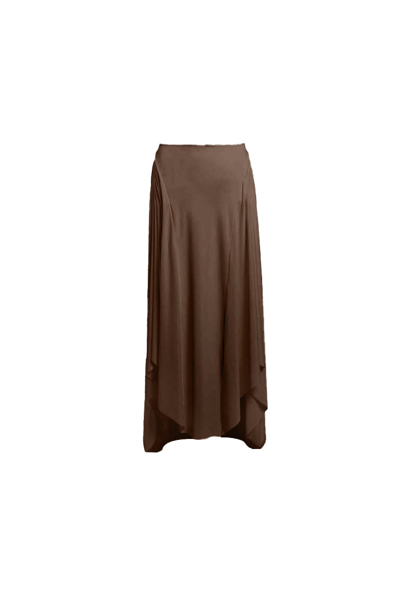 YASSMIN SALEH brown intersect midi skirt with a stylish front design, perfect for casual or dressy outfits.