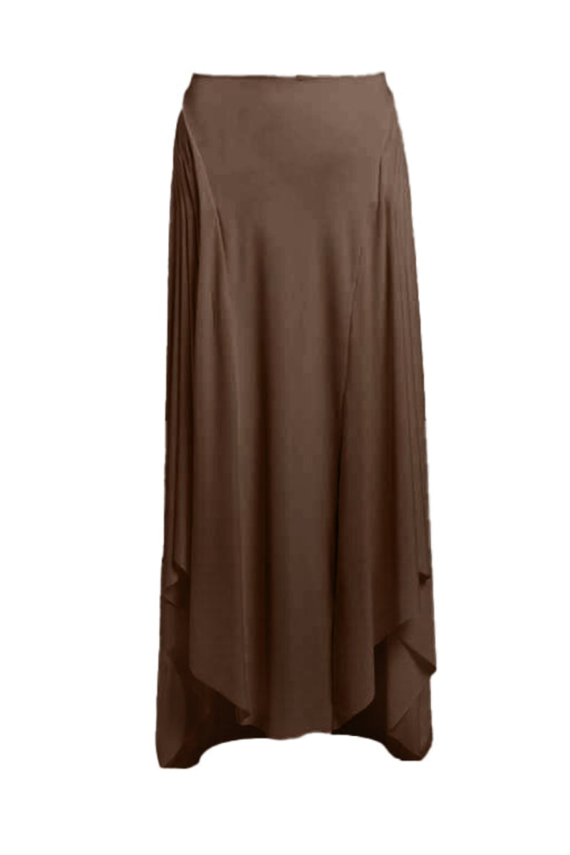 YASSMIN SALEH brown intersect midi skirt with a stylish front design, shown from the front view.