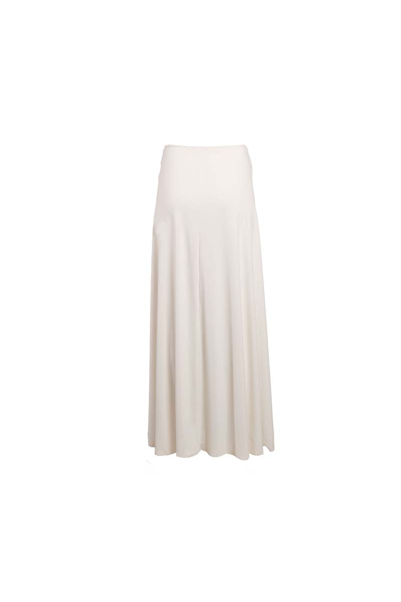 YASSMIN SALEH ivory intersect midi skirt with a layered design and flowing fabric, shown from the back.