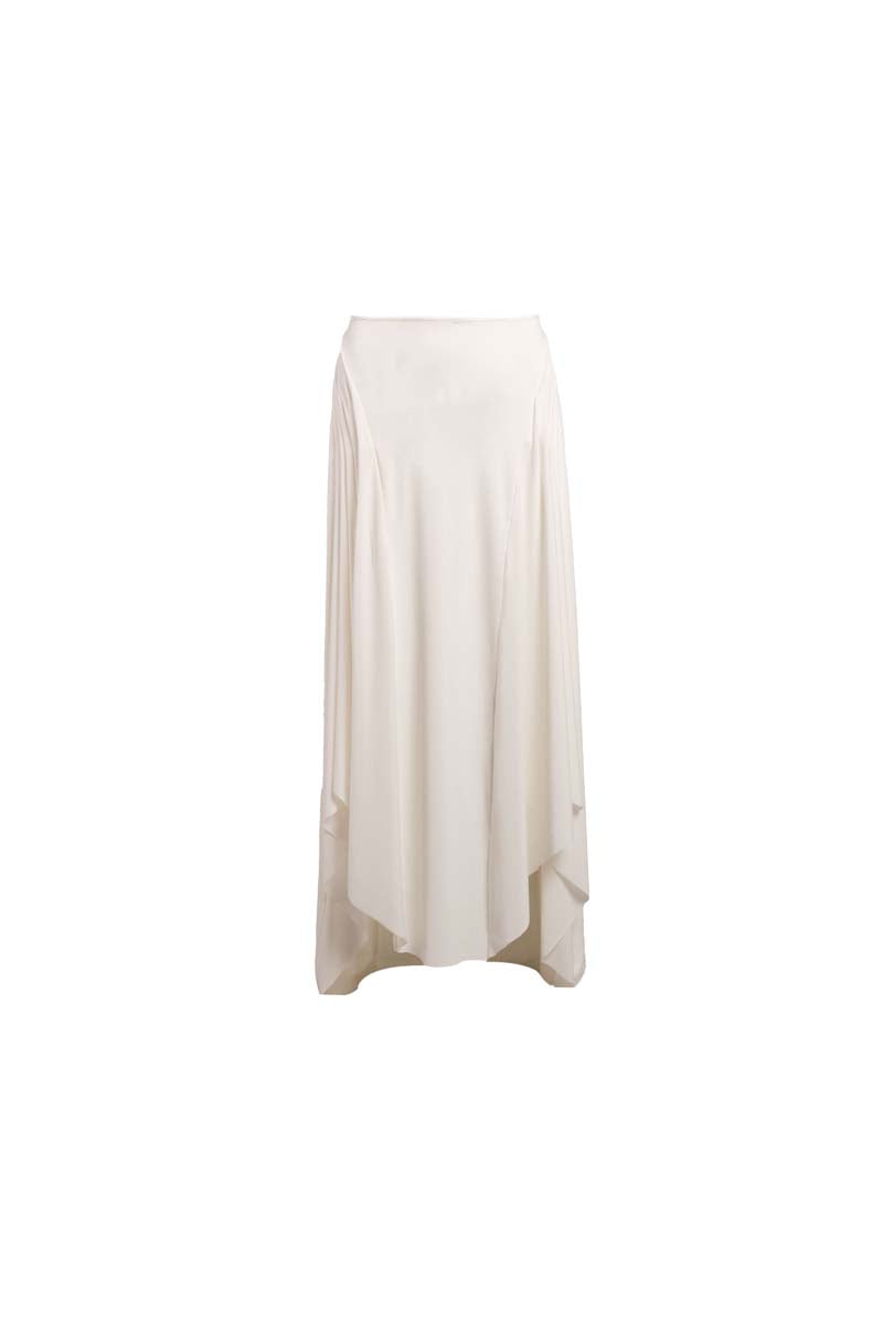 White YASSMIN SALEH intersect midi skirt with a stylish, modern design, shown from the front in an ivory tone.
