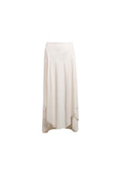 YASSMIN SALEH white intersect midi skirt with a fitted waist and flowing fabric, shown from the front in ivory color.