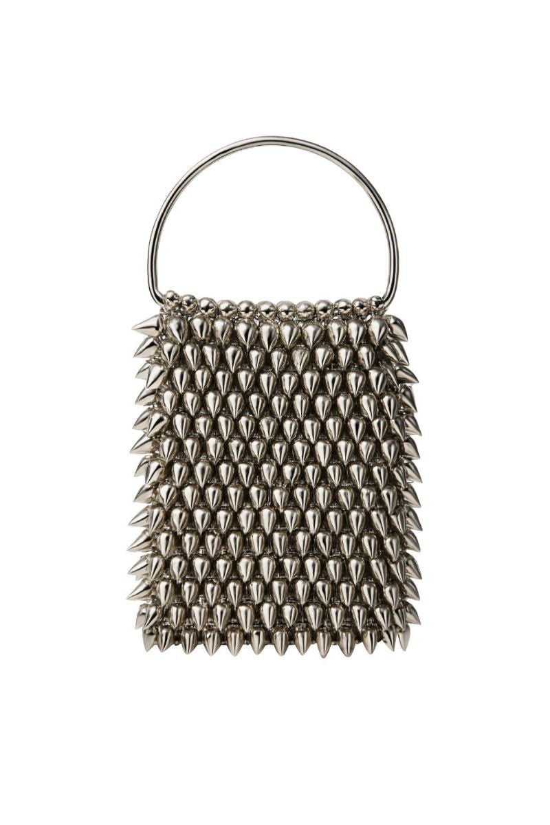 White IONA Silver Bag by Millanne Tale featuring a sleek top handle design and minimalist style on a plain background.