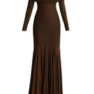 Deme By Gabriella Irene Espresso Brown Maxi Dress with flowing fabric and elegant design, displayed on a mannequin.