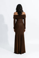 Deme By Gabriella Irene Espresso Brown Maxi Dress displayed on model, flowing fabric, sleeveless design, and elegant maxi length.