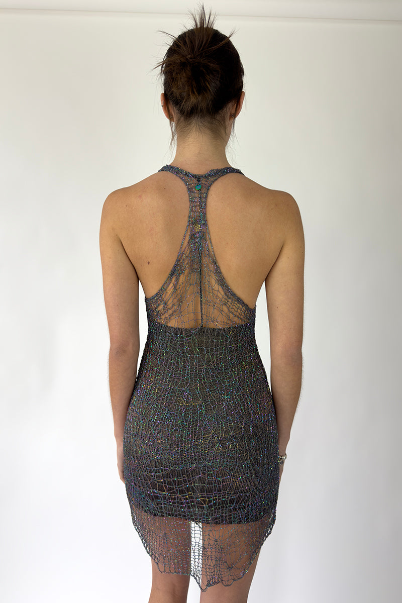IRIDESCENT GUNMETAL CHAIN SPIDERWEB RACERBACK MINI DRESS - CULT MIA